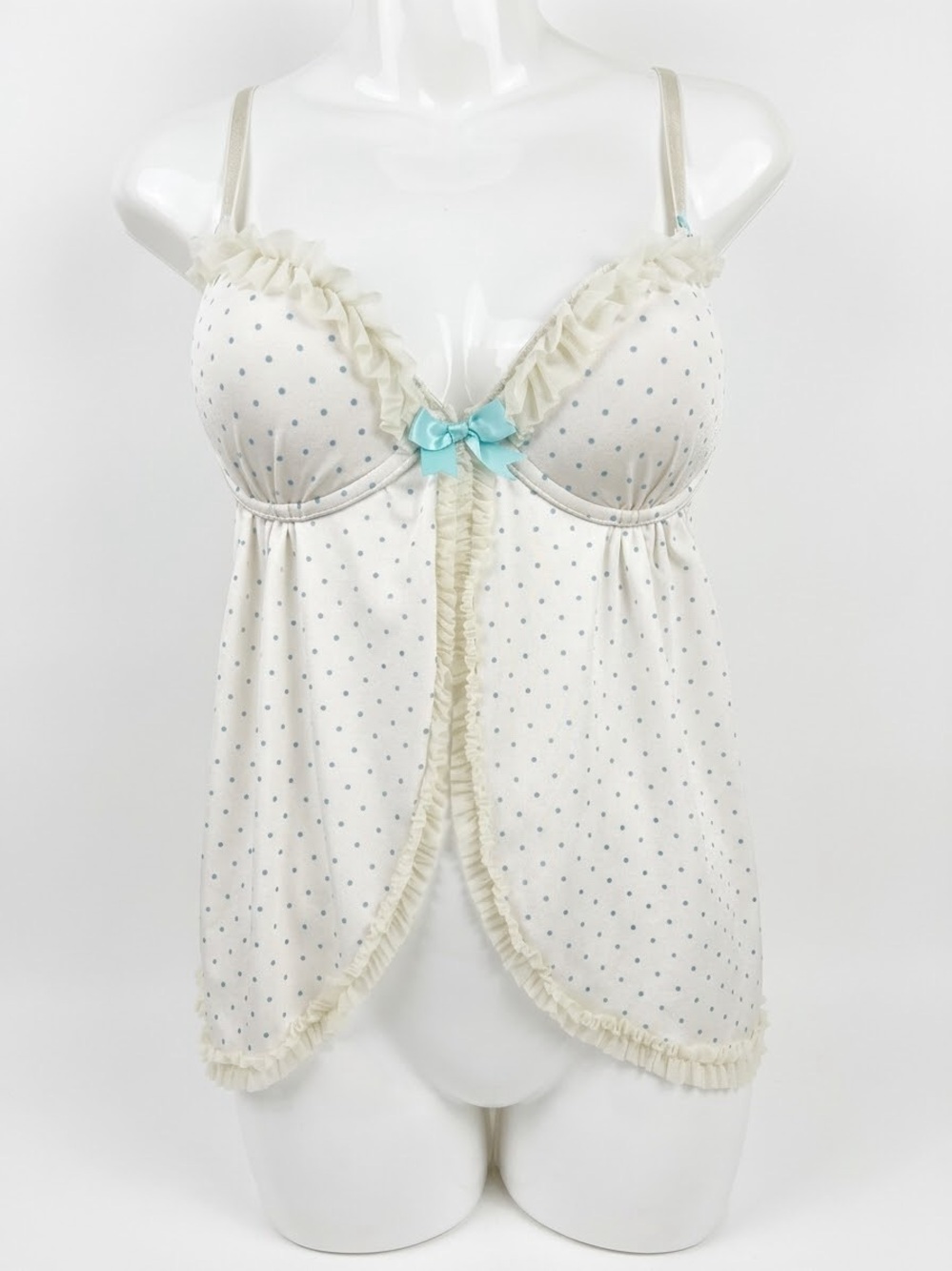 Victoria's Secret Ivory Polka Dot Ruffle Chemise with Light Blue Bow 36C